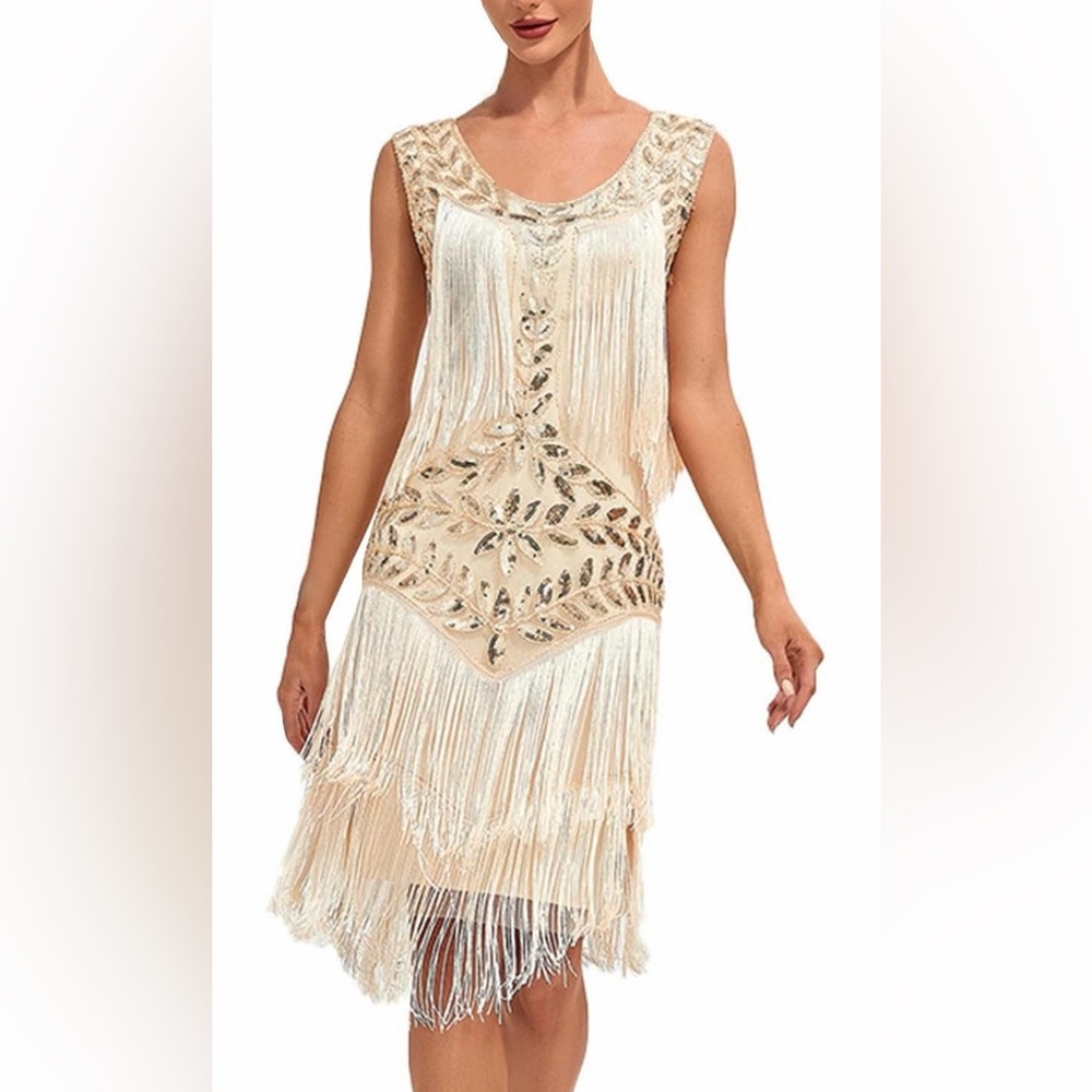 Sequin 1920 Flapper Gatsby Beaded Fringe Midi Dress Size M - Picture 3 of 14